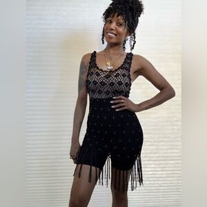 Vintage Black & Gold Beaded Fringe Dress | 1960s–1970s | Sheer Crochet Overlay